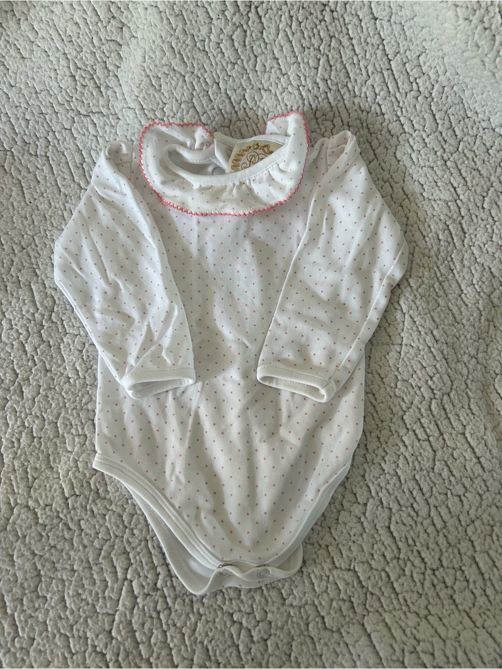 The Beaufort Bonnet Company White One-Piece with Pink Dot Ruffle Collar